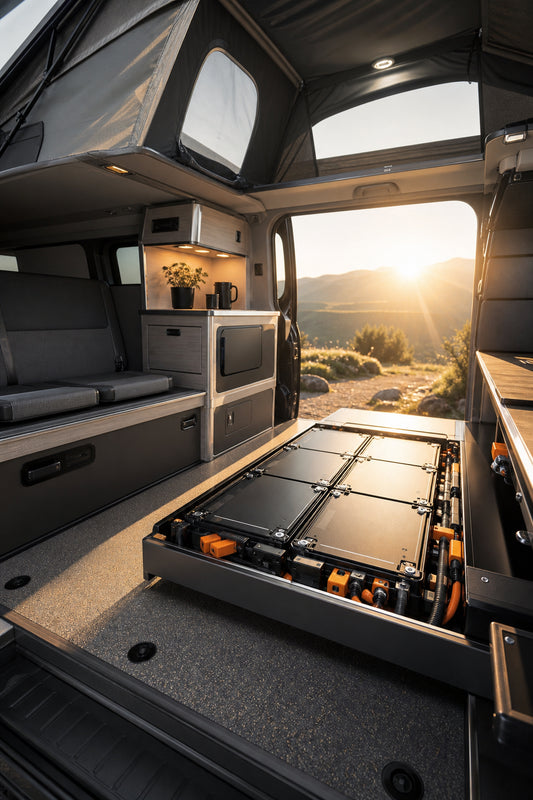 A realistic scene of an electric van interior with modular battery packs and pop‑top roof, sunlight streaming in, showcasing the conversion interior. Alt: Power kit conversion interior