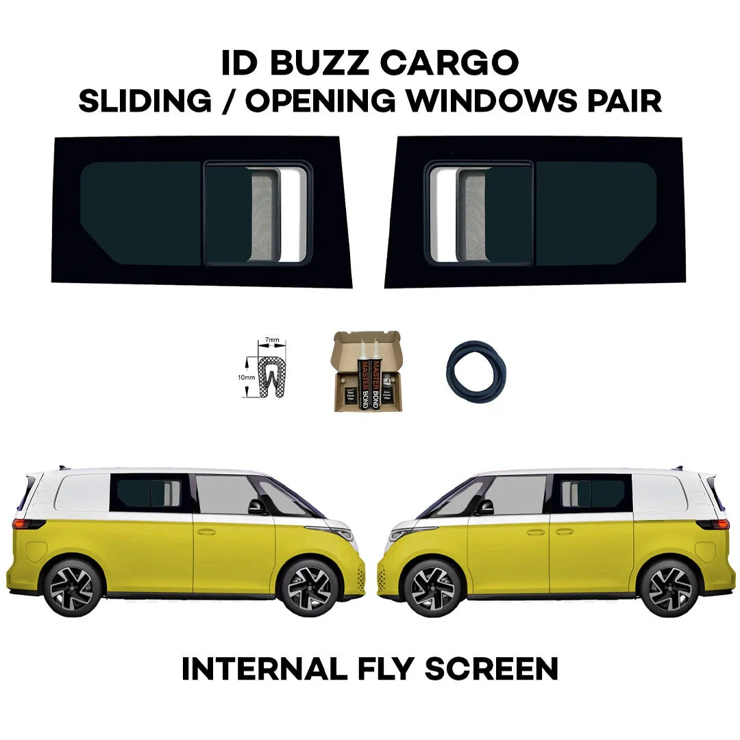 VW ID. Buzz Cargo Sliding Doors Windows with Fly-Screens + Fixed Rear Quarter Windows – 2 PAIR - Buzz Conversions