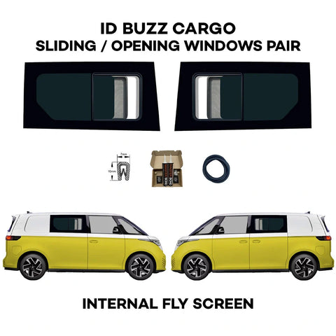 VW ID. Buzz Cargo Sliding Doors Windows with Fly-Screens + Fixed Rear Quarter Windows – 2 PAIR - Buzz Conversions