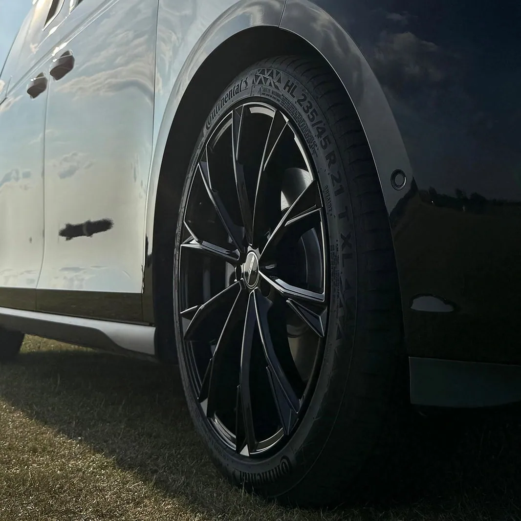 Black alloy wheel on a VW ID. Buzz